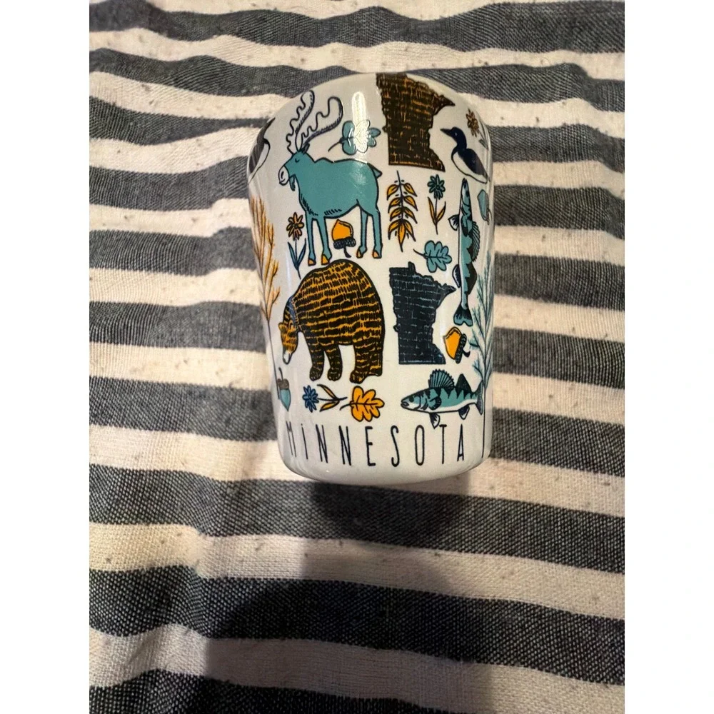 Minnesota Souvenir Shot Glass Ceramic Wildlife Moose Bear Fish Blue Interior